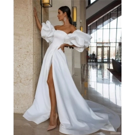 Sexy High Slit Satin Wedding Dresses with Detacbable Sleeves A-line Strapless Bridal Dress Court Train Couture Mariage